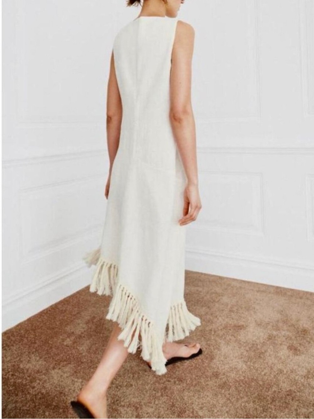 Zara NWT 100% linen white & cream Fringe hem Midi tunic Dress - Picture 12 of 16